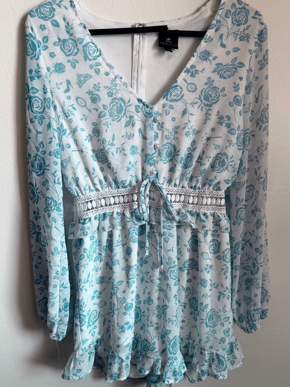 Cinderella Disney Teal Floral V-Neck Button Front Zip up sheer romper New